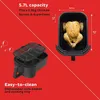A marketing image showing an air fryer basket with a chicken inside and a separate basket and tray, with text highlighting capacity and cleaning features. Produktbild-Vorschau