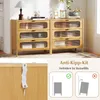 Two wooden cabinets with glass drawers are shown, with a close-up of an anti-tip kit and a diagram illustrating its use. Podgląd zdjęcia produktu