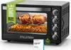 A black Stillstern mini oven with a rotisserie chicken and french fries inside, displayed on a light gray background with marketing overlays. Produktbild-Vorschau