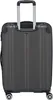 A back view of a dark gray suitcase with a silver telescopic handle and four wheels. Produktbild-Vorschau