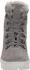 A close-up, front-facing view of a gray suede boot with faux fur trim and gray laces. Produktbild-Vorschau