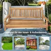 A wooden garden swing bench is shown, with four smaller images below illustrating different outdoor and indoor settings where it can be used. Produktbild-Vorschau