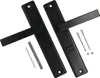 A set of black door handles and mounting hardware are laid out on a white background. Podgląd zdjęcia produktu
