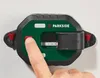 A finger is pressing a red button on a green and black digital laser level with a tape measure visible. Produktbild-Vorschau