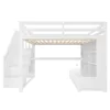 A white loft bed with stairs, a desk, and shelving units, shown against a white background. Produktbild-Vorschau
