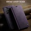 A purple leather phone case is shown in a close-up shot, with text overlaying the top of the image. Produktbild-Vorschau