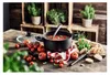 A pot of tomato soup with fresh tomatoes, bread, and herbs on a wooden table. Náhled obrázku produktu