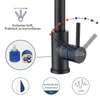 A close-up view of a black kitchen faucet with diagrams and text explaining its features. Produktbild-Vorschau