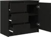A black wooden sideboard with three drawers and a cabinet with an open door. Produktbild-Vorschau