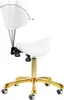 A white saddle stool with a gold base and wheels, shown on a white background. An arrow indicates the seat can tilt up to 30 degrees. Produktbild-Vorschau
