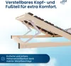 A close-up view of an adjustable bed frame with a wooden structure and metal mechanisms, set against a light blue background. Produktbild-Vorschau