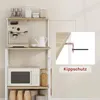 A kitchen shelf unit with various kitchen appliances and containers, with a close-up inset showing an anti-tip device. Náhľad obrázku produktu