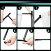 Collage of images demonstrating how to assemble a photographic backdrop stand. Produktbild-Vorschau