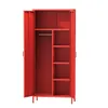 An open red metal wardrobe with shelves and a hanging rod. Podgląd zdjęcia produktu
