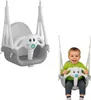 A collage showing a baby swing and a baby sitting in the swing. Produktbild-Vorschau