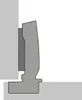 A diagram showing a hinge mechanism attached to a cabinet door and frame. Produktbild-Vorschau