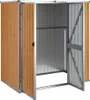 An open storage shed with a wood-grain exterior and a corrugated metal interior. Produktbild-Vorschau