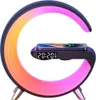 A modern bedside lamp with a built-in wireless charger and clock, displaying a colorful gradient light. Produktbild-Vorschau