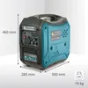 A teal and black portable generator with dimensions and weight indicated. Podgląd zdjęcia produktu
