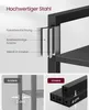 Close-up of metal shelf construction with text overlays explaining material properties and a comparison of shelf support thickness. Produktbild-Vorschau