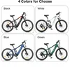 Four different colored electric mountain bikes are shown in separate panels, each labeled with its color. Produktbild-Vorschau