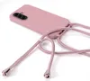 A pink phone case with a braided cord attached, shown from a diagonal angle on a white background. Produktbild-Vorschau