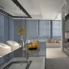 A modern living room with vertical blinds, a sofa, and a glass table with drinks and fruit. Produktbild-Vorschau