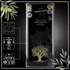 A large black tin of olive oil with olive branches and an olive tree illustration. There are also diagrams on the left side illustrating a process. Produktbild-Vorschau