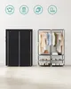 A black fabric wardrobe and a metal garment rack with clothes are displayed side-by-side against a white and light gray background. Four circular icons representing clothing items are at the top of the image. Produktbild-Vorschau