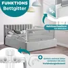 A bed with a safety rail installed, with close-up views of its features and connection points. Produktbild-Vorschau