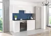 A modern white high-gloss kitchen unit with a blue backsplash, a refrigerator, and a stove. Náhled obrázku produktu