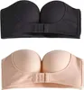Zwei trägerlose BHs, einer schwarz und einer beige, mit vorderem Verschluss, flach ausgelegt Náhled obrázku produktu