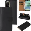Collage of images showing a black flip phone case for a Xiaomi Redmi A5, including its interior card slots and how it can be used as a stand. Produktbild-Vorschau