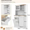 Diagrams and measurements of a white cabinet with a wooden top, showing dimensions of different sections and compartments. Podgląd zdjęcia produktu