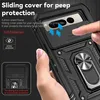 A hand is holding a black phone case with a ring stand. The case has a sliding camera cover and text overlays describing its features. Produktbild-Vorschau
