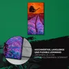 A rectangular clock with a painting of a lavender field at sunset is displayed on a green background. A close-up of the painting's texture is shown in a circular inset. Text describing the product's quality is present. Produktbild-Vorschau