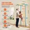 A father is holding his daughter on a colorful indoor climbing frame, with text highlighting the benefits of the product. Náhled obrázku produktu