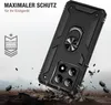 A black phone case with a ring holder is shown in a dynamic, action-oriented scene, with debris flying around it, suggesting durability and protection. Produktbild-Vorschau