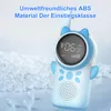 A close-up marketing shot of a blue and white children's walkie-talkie with a digital display, set against a background of clear plastic beads. Produktbild-Vorschau