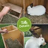 A collage of four images showing a rabbit hutch, including its construction and a rabbit inside. Produktbild-Vorschau