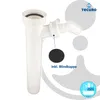 A white plastic plumbing part with a black cap and text overlays. Produktbild-Vorschau