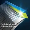 Close-up of a grooming device's blades with a graphic overlay indicating a feature. Produktbild-Vorschau