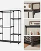 A collage showing a black metal open wardrobe frame with shelves and hanging rods, along with close-up views of a vintage-style trunk and a woven basket. Produktbild-Vorschau