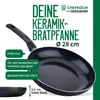 A marketing image for a ceramic frying pan, showing the pan itself and various feature callouts. Produktbild-Vorschau