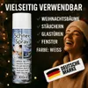 A woman is laughing while a can of snow spray is shown with text highlighting its uses and features. Produktbild-Vorschau