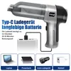 A hand vacuum cleaner is shown being charged by a power bank, with various charging options illustrated below. Produktbild-Vorschau