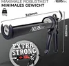 A marketing image of a black caulking gun with text overlays highlighting its features and specifications. Produktbild-Vorschau