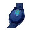 The back of a blue Swatch x Omega Moonswatch watch with an image of the Earth on the case back. Produktbild-Vorschau
