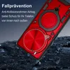A red phone case is shown falling onto a rocky surface, with text describing its protective features. Produktbild-Vorschau