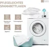 A washing machine with pillows and towels, along with icons indicating product features. Produktbild-Vorschau